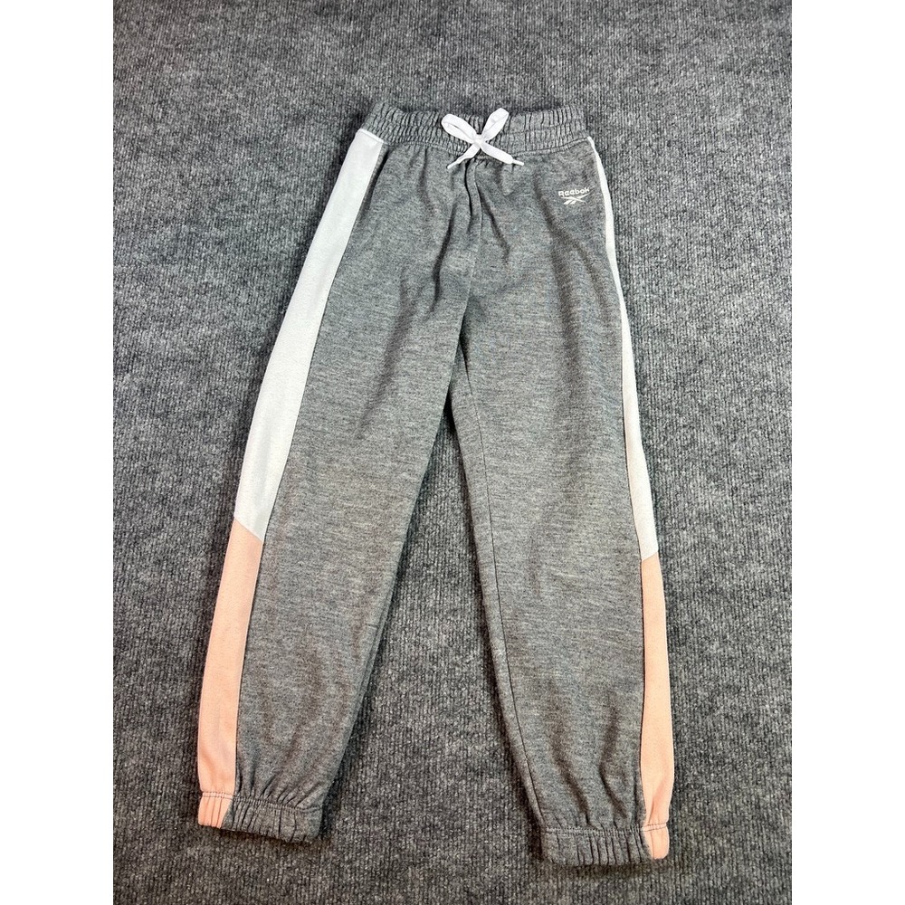 Reebok Youth 9-10 Gray Colorblock Jogger Sweatpants Pink Stripe Athleisure Cozy